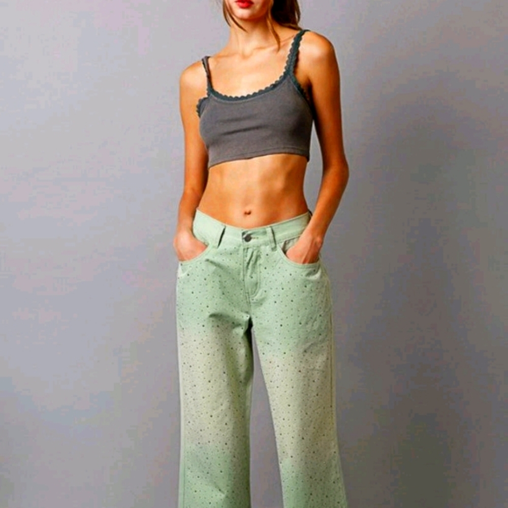 POL Embellished Gradient Ombre Wide Leg Pants Jeans Bling NEW